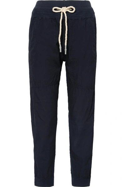 Shop Bassike + Net Sustain Jersey-trimmed Cotton-poplin Track Pants In Navy