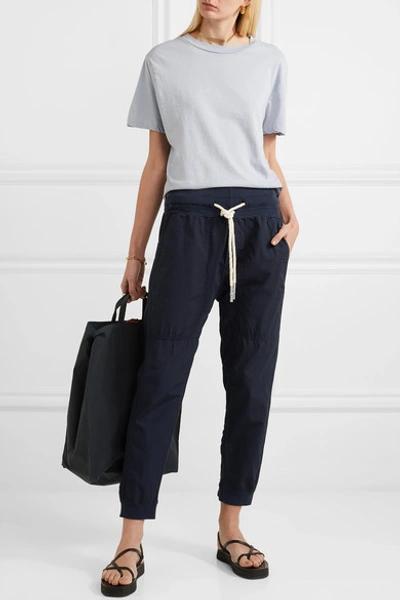 Shop Bassike + Net Sustain Jersey-trimmed Cotton-poplin Track Pants In Navy