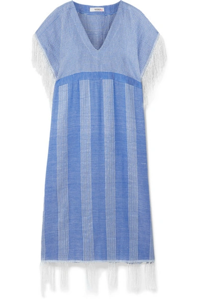 Shop Lemlem + Net Sustain Zinab Fringed Metallic Striped Cotton-blend Voile Kaftan In Light Blue