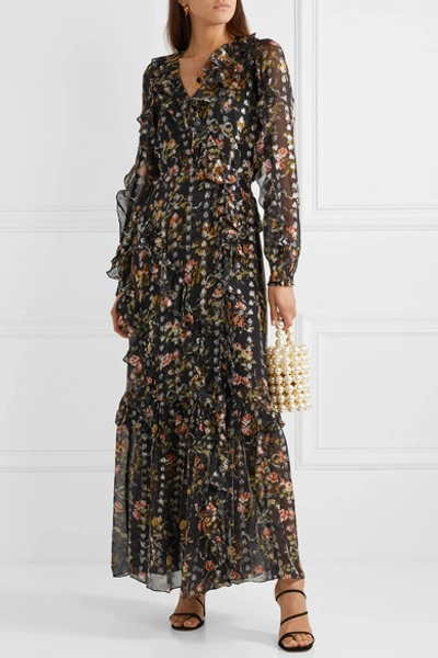 Shop Needle & Thread Ruffled Floral-print Metallic Fil Coupé Chiffon Wrap Gown In Black