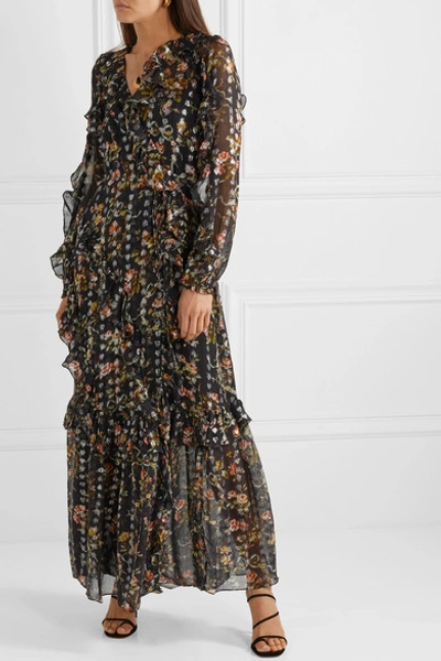 Shop Needle & Thread Ruffled Floral-print Metallic Fil Coupé Chiffon Wrap Gown In Black