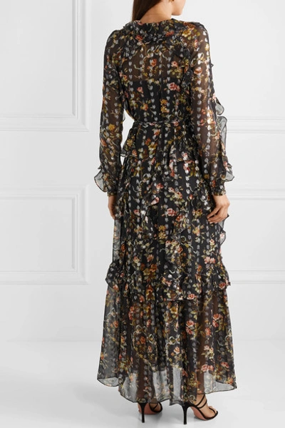 Shop Needle & Thread Ruffled Floral-print Metallic Fil Coupé Chiffon Wrap Gown In Black