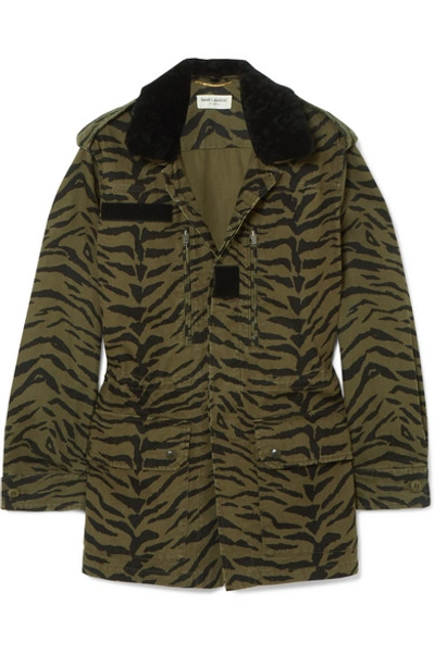 Shop Saint Laurent Shearling-trimmed Zebra-print Cotton-blend Twill Jacket In Army Green