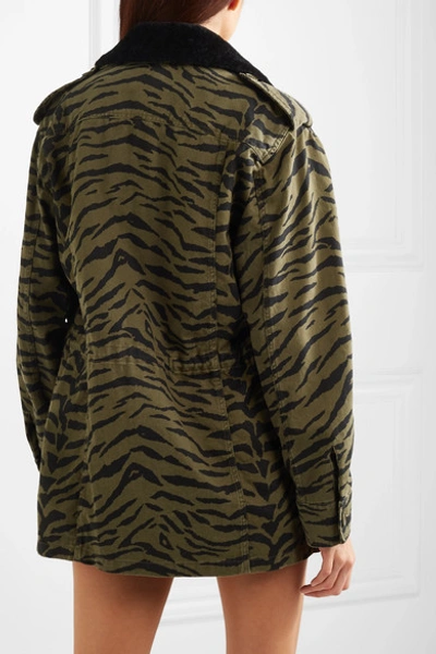 Shop Saint Laurent Shearling-trimmed Zebra-print Cotton-blend Twill Jacket In Army Green
