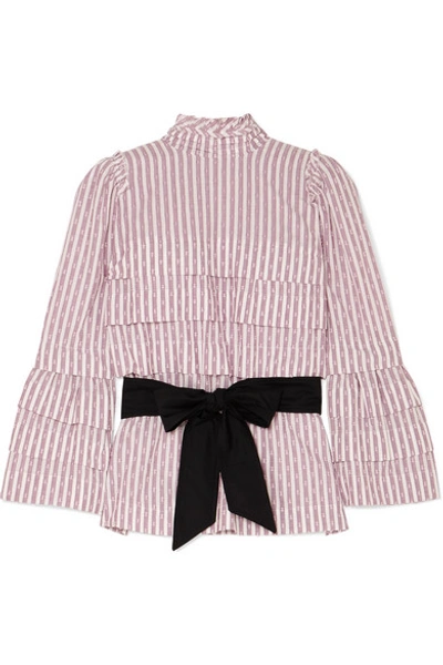 Shop Anna Mason Mademoiselle Belted Tiered Striped Fil Coupé Blouse In Lilac