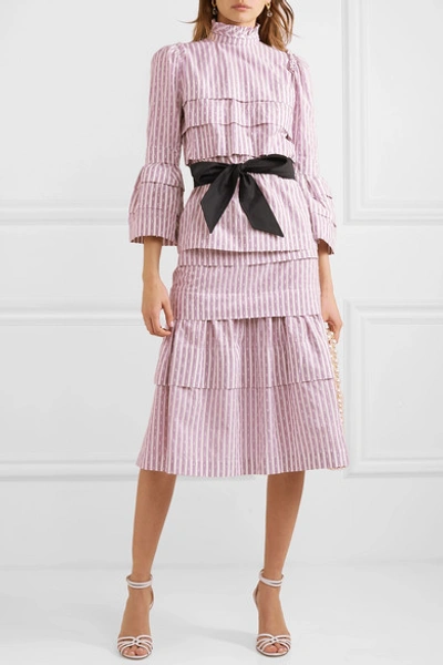 Shop Anna Mason Mademoiselle Belted Tiered Striped Fil Coupé Blouse In Lilac