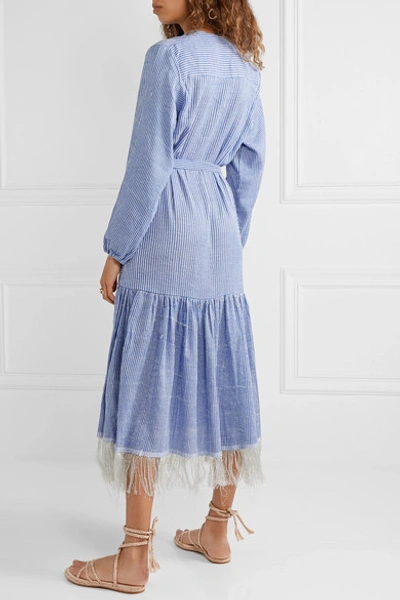 Shop Lemlem + Net Sustain Zinab Fringed Metallic Striped Cotton-blend Voile Robe In Light Blue