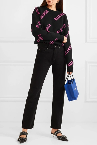 Shop Balenciaga Oversized Intarsia Cotton-blend Sweater In Black