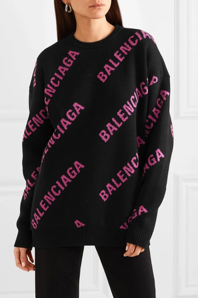 Shop Balenciaga Oversized Intarsia Cotton-blend Sweater In Black