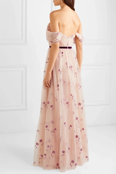 Shop Marchesa Notte Off-the-shoulder Embroidered Tulle Gown In Blush