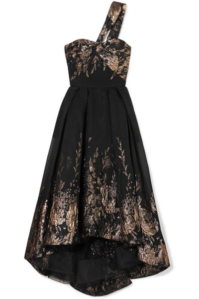 Shop Marchesa Notte One-shoulder Metallic Fil Coupé Cloqué Gown In Black