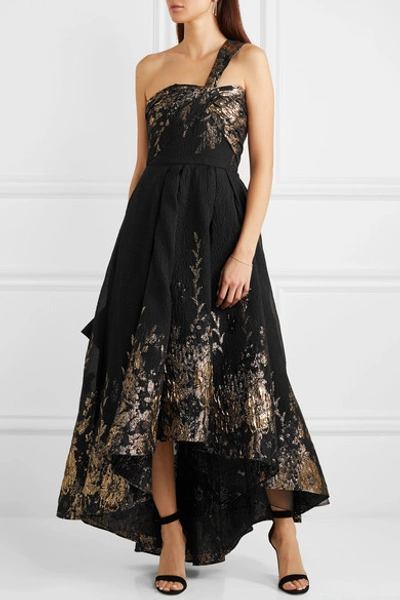 Shop Marchesa Notte One-shoulder Metallic Fil Coupé Cloqué Gown In Black