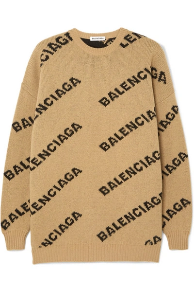 Balenciaga Neutral Women's Logo Knitted Crewneck Sweater In Beige | ModeSens