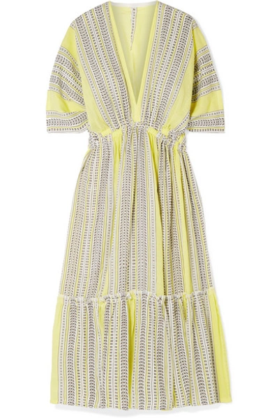 Shop Lemlem Amira Tiered Striped Cotton-blend Gauze Midi Dress In Yellow