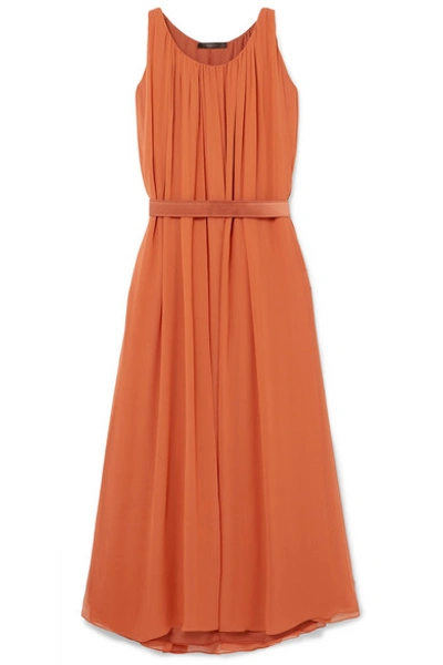 Shop Max Mara Manolo Pleated Silk-chiffon Maxi Dress In Orange