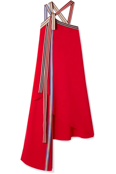 Shop Monse Asymmetric Grosgrain-trimmed Crepe Midi Dress In Red