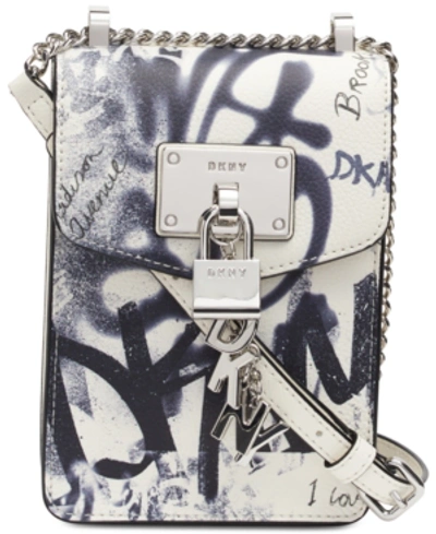 Shop Dkny Elissa Graffiti Logo North-south Leather Crossbody, Created For Macy's In White/black/silver