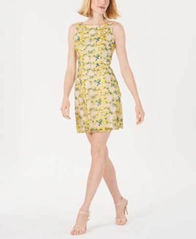 Shop Adrianna Papell Embroidered Overlay Mini Dress In Yellow