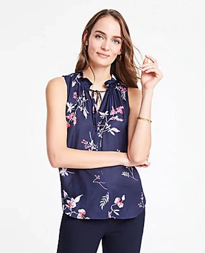 Shop Ann Taylor Petite Floral Double Ruffle Tie Neck Shell In Night Sky