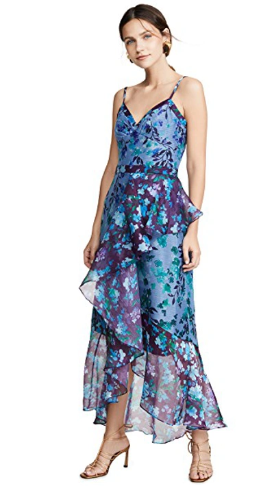 Shop Marchesa Notte Sleeveless Colorblock High Low Gown In Blue