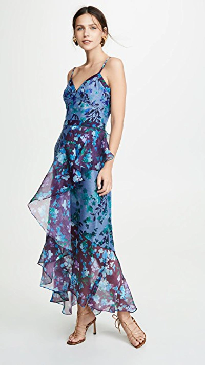 Shop Marchesa Notte Sleeveless Colorblock High Low Gown In Blue