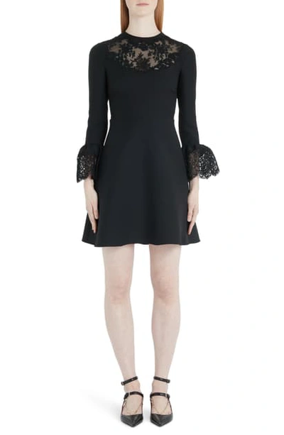 Shop Valentino Lace Trim Flare Cuff Wool & Silk Minidress In 0no-black