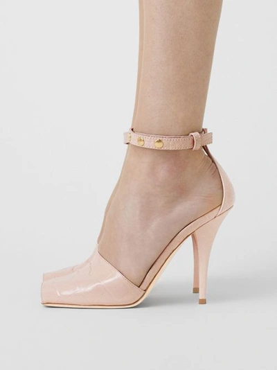 Shop Burberry Triple Stud Embossed Leather Peep-toe Sandals In Rose Beige