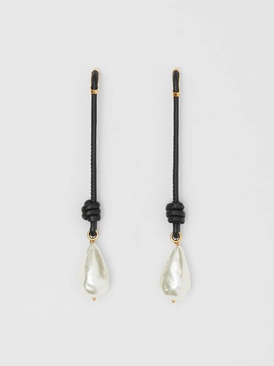 Shop Burberry Faux Pearl Detail Leather Drop Earrings In Light Gold/black