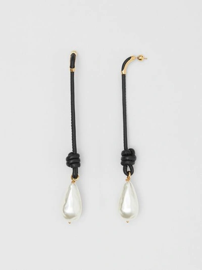 Shop Burberry Faux Pearl Detail Leather Drop Earrings In Light Gold/black