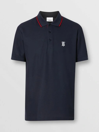 Shop Burberry Icon Stripe Placket Cotton Piqué Polo Shirt In Navy