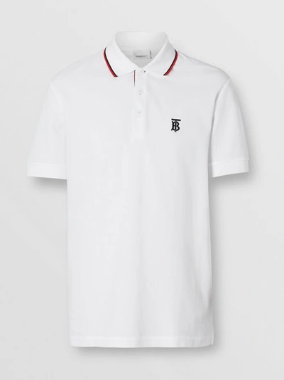 Shop Burberry Icon Stripe Placket Cotton Piqué Polo Shirt In White