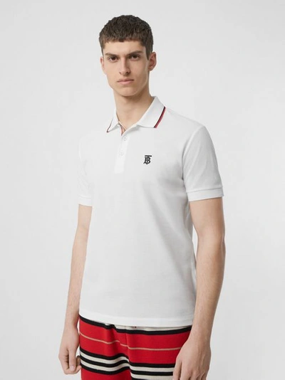 Shop Burberry Icon Stripe Placket Cotton Piqué Polo Shirt In White