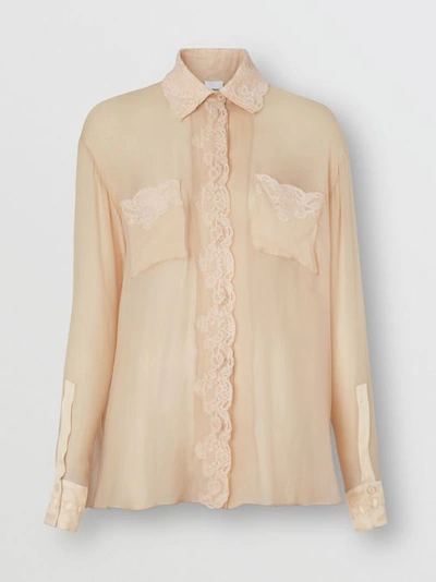 Shop Burberry Lace Detail Silk Chiffon Oversized Shirt In Soft Peach