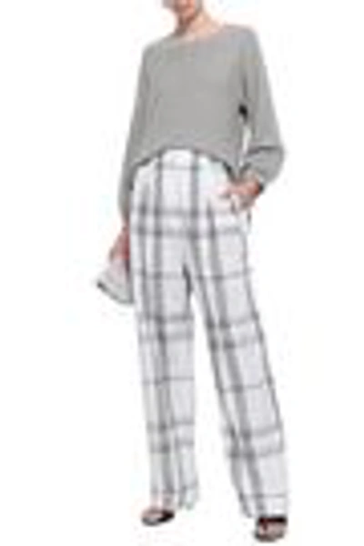 Shop Brunello Cucinelli Woman Pleated Checked Stretch-cotton Wide-leg Pants Off-white