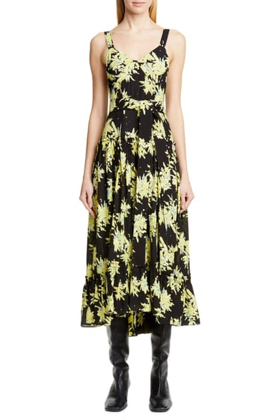 Shop Proenza Schouler Floral Bustier Georgette Midi Dress In Yellow/ Black Splatter