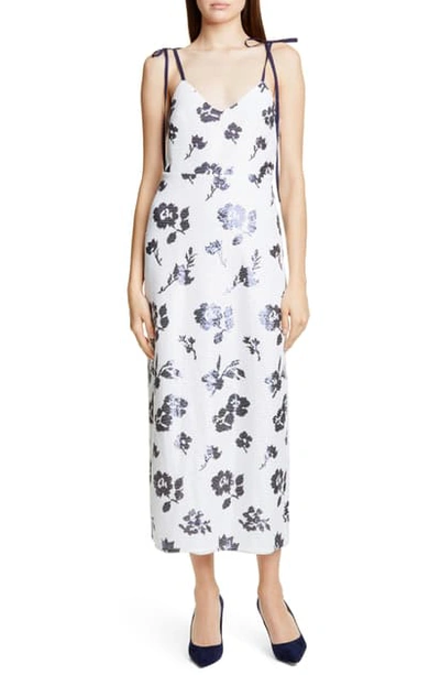 Shop Self-portrait Sequin Floral Midi Dress In Ivory/ Navy