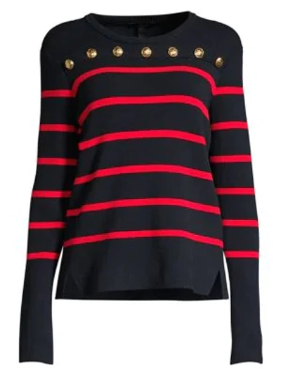 Shop Escada Soah Button Trim Striped Crewneck Sweater In Navy