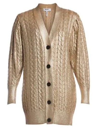 Shop Msgm Metallic Cable-knit Cardigan In Gold Camel