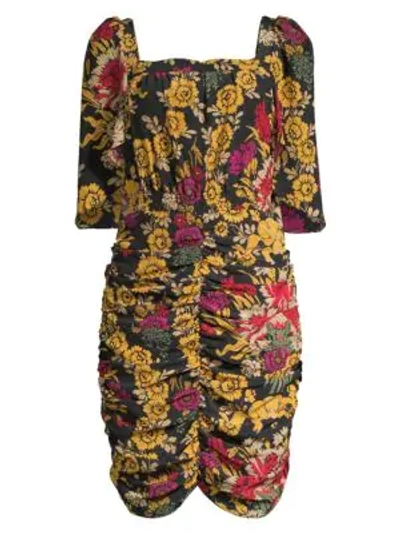 Shop Kobi Halperin Leandra Ruched Floral Silk Dress In Black Multi