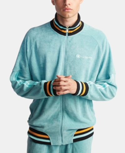 Shop Champion Men's C-life Terry Varsity-stripe Warm-up Jacket In Eucalyptus Green