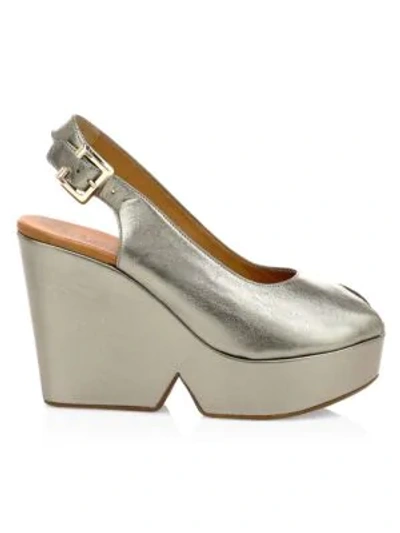 Shop Clergerie Dylan 2 Metallic Leather Slingback Wedges In Steel Nap