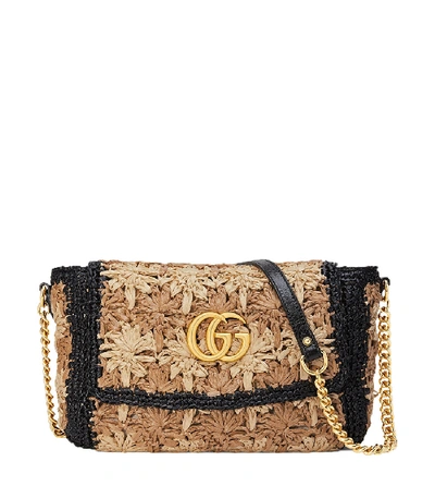 Shop Gucci Gg Marmont Raffia Flower Crochet Bag In Tan/black