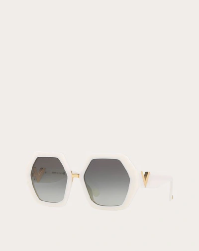 Shop Valentino Occhiali Hexagonal Oversized Vlogo Acetate Sunglasses In White