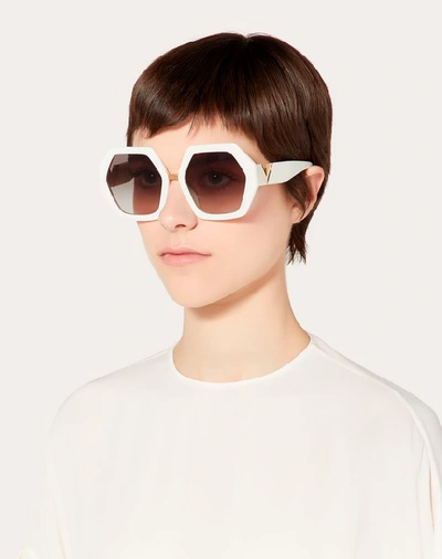Shop Valentino Occhiali Hexagonal Oversized Vlogo Acetate Sunglasses In White