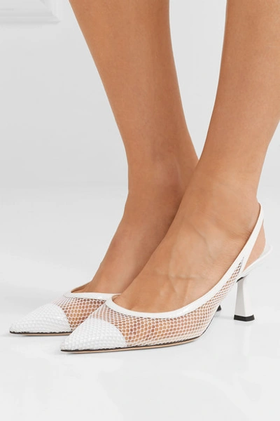 Shop Jimmy Choo Fetto 65 Patent-leather, Fishnet And Mesh Slingback Pumps In White