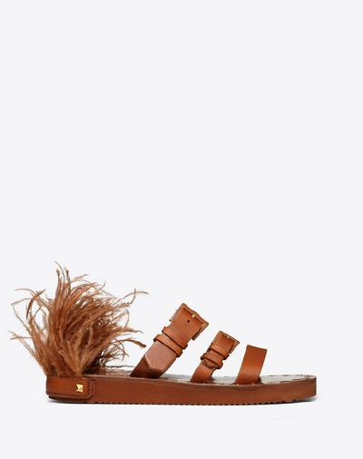 Shop Valentino Vlogo Cowhide Slide Sandal With Feather Details In Tan