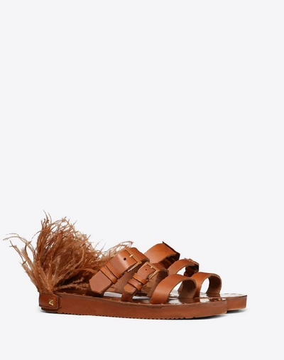 Shop Valentino Vlogo Cowhide Slide Sandal With Feather Details In Tan
