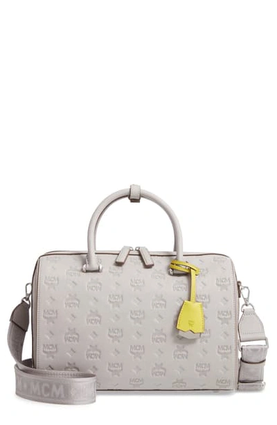 Shop Mcm Essential Boston Monogram Leather Satchel - Grey In Dove