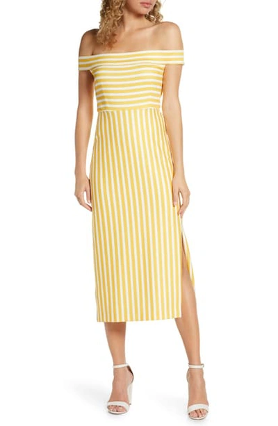 Shop Avec Les Filles Off The Shoulder Stripe Midi Dress In Mustard/ White