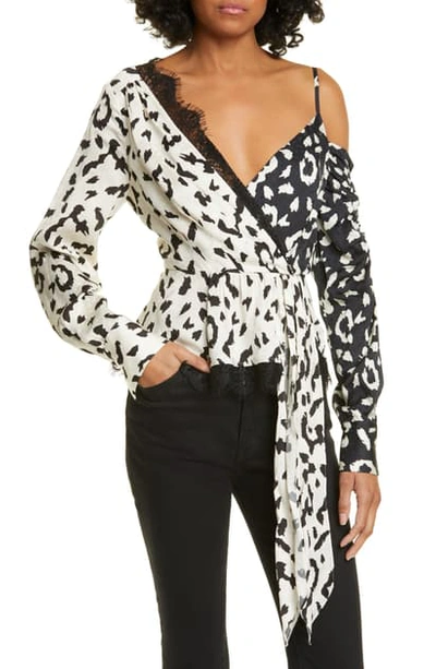 Shop Self-portrait Leopard Print One-shoulder Top In Cream/ Black